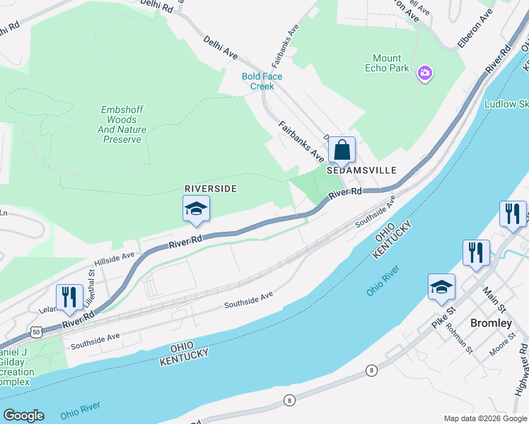 map of restaurants, bars, coffee shops, grocery stores, and more near 3176 River Road in Cincinnati