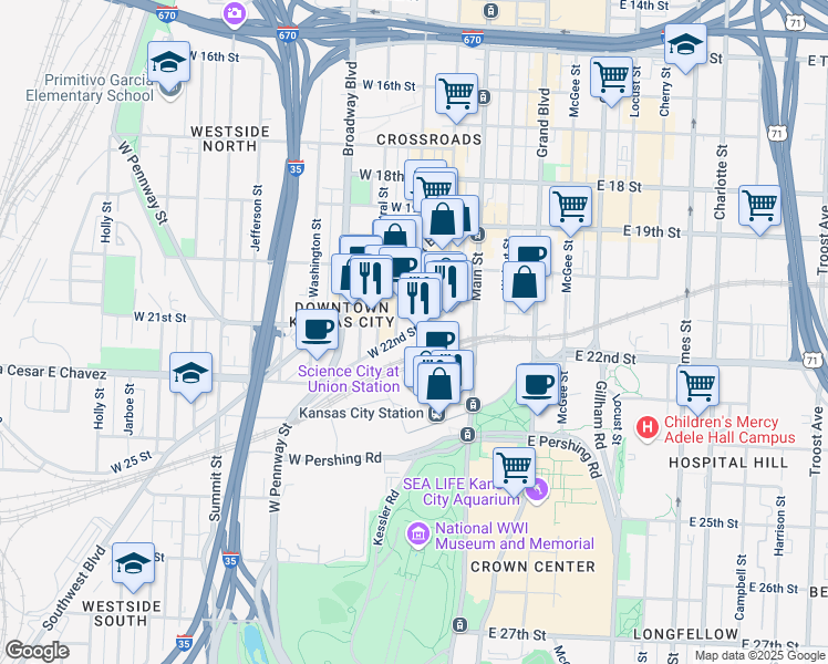 map of restaurants, bars, coffee shops, grocery stores, and more near Wyandotte St & W 22nd St in Kansas City