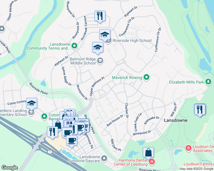 map of restaurants, bars, coffee shops, grocery stores, and more near 43657 Lees Mill Square in Leesburg