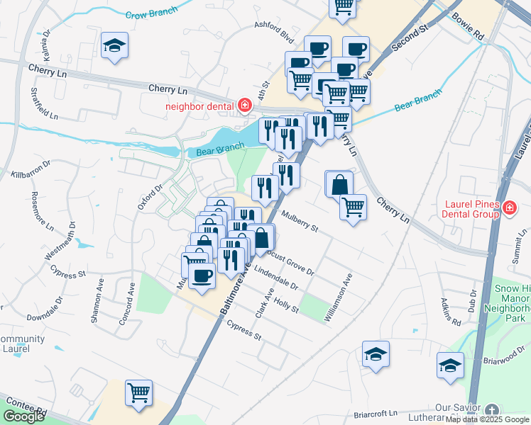 map of restaurants, bars, coffee shops, grocery stores, and more near 14398 Baltimore Avenue in Laurel