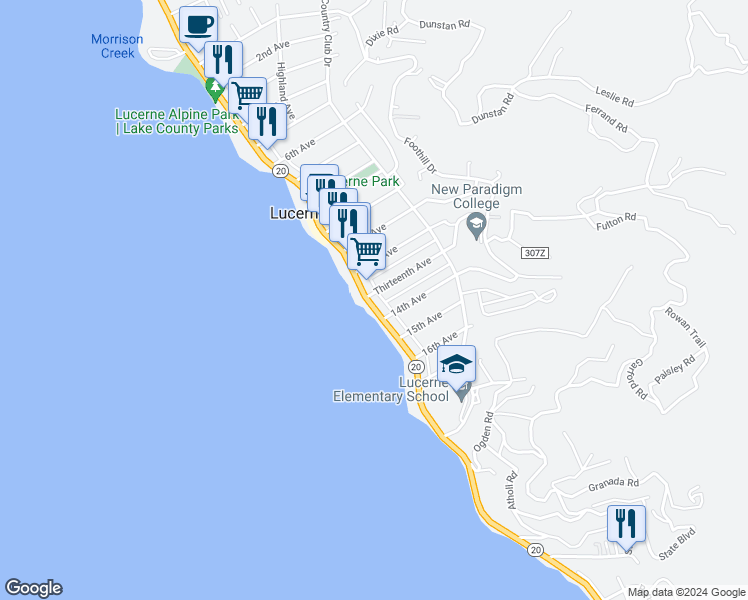 map of restaurants, bars, coffee shops, grocery stores, and more near 6292 East Highway 20 in Lucerne