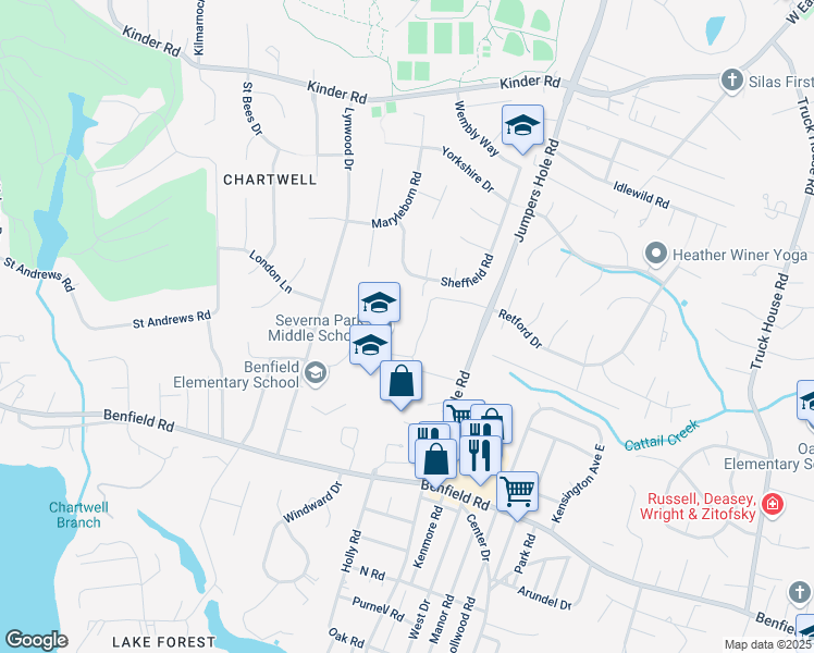 map of restaurants, bars, coffee shops, grocery stores, and more near 450 Jumpers Hole Road in Severna Park