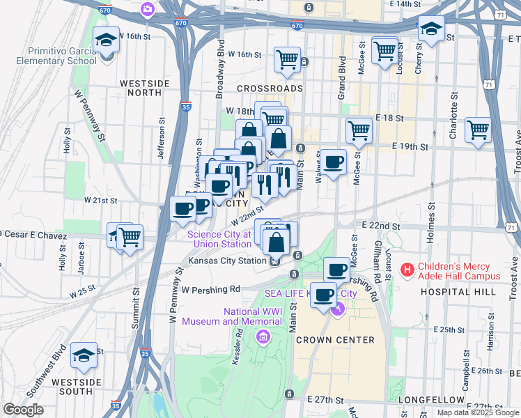 map of restaurants, bars, coffee shops, grocery stores, and more near 3509 Wyandotte Street in Kansas City