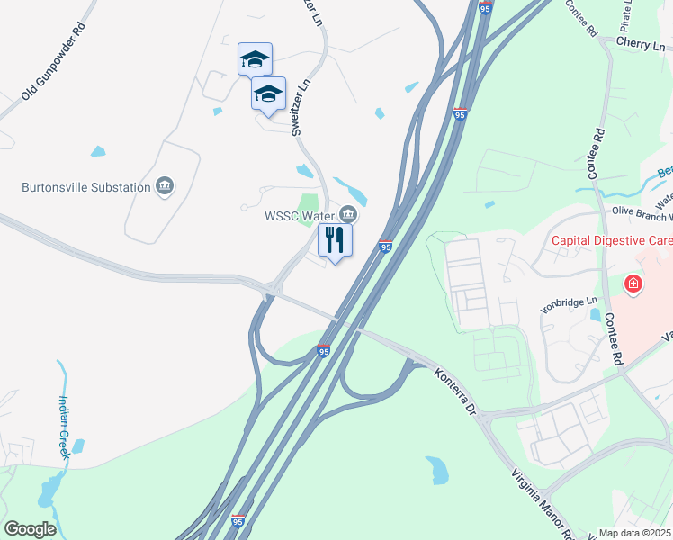map of restaurants, bars, coffee shops, grocery stores, and more near 14401 Sweitzer Lane in Laurel