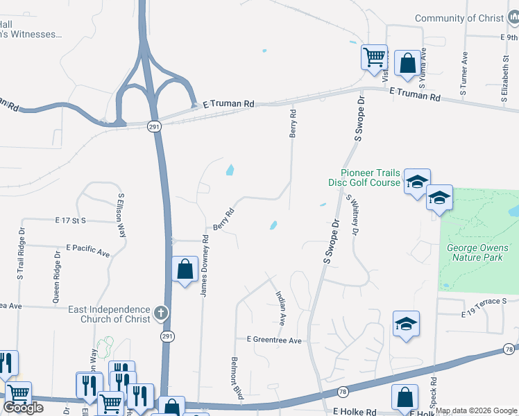 map of restaurants, bars, coffee shops, grocery stores, and more near 1703 Berry Road in Independence