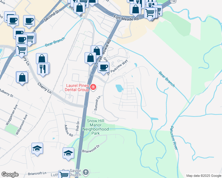 map of restaurants, bars, coffee shops, grocery stores, and more near 14403 Greenview Drive in Laurel