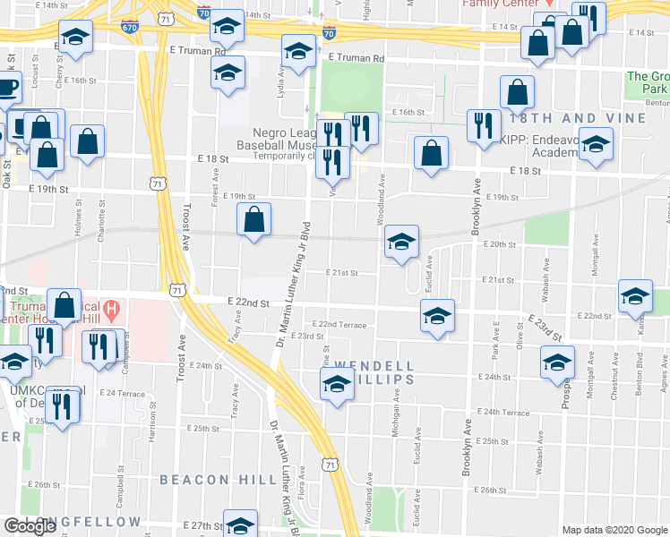 map of restaurants, bars, coffee shops, grocery stores, and more near 2033 Vine Street in Kansas City