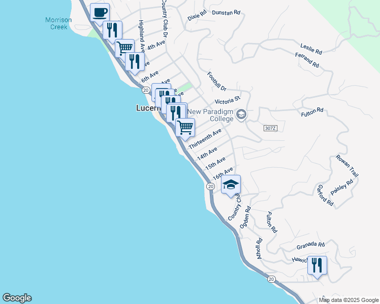 map of restaurants, bars, coffee shops, grocery stores, and more near 6292 East Highway 20 in Lucerne