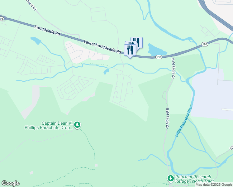 map of restaurants, bars, coffee shops, grocery stores, and more near 304 Lentic Lane in Laurel