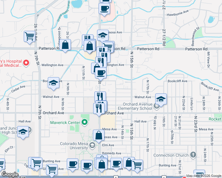 map of restaurants, bars, coffee shops, grocery stores, and more near 2125 North 13th Street in Grand Junction