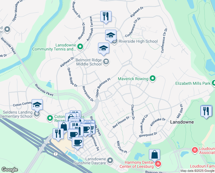 map of restaurants, bars, coffee shops, grocery stores, and more near 43642 Lees Mill Square in Leesburg