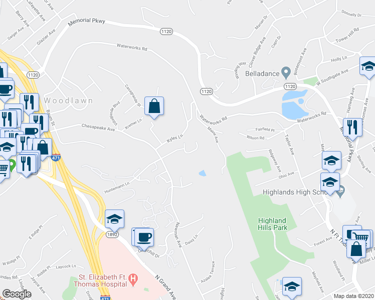 map of restaurants, bars, coffee shops, grocery stores, and more near 30 Boardwalk Street in Fort Thomas
