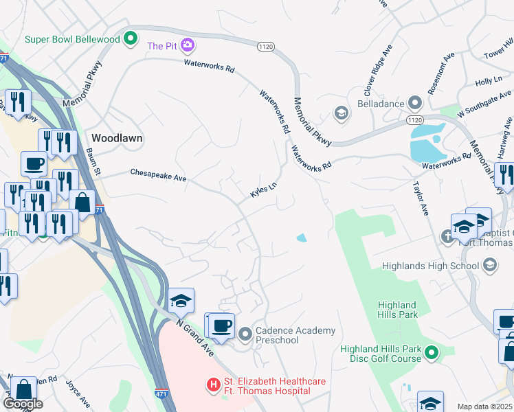 map of restaurants, bars, coffee shops, grocery stores, and more near 5 Boardwalk Street in Fort Thomas