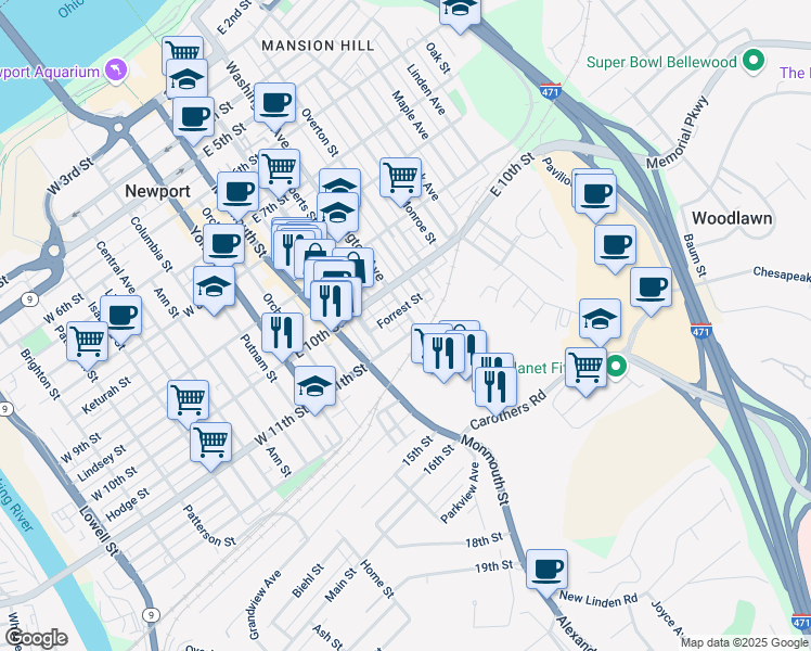 map of restaurants, bars, coffee shops, grocery stores, and more near 229 East 11th Street in Newport