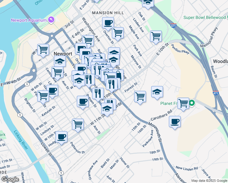 map of restaurants, bars, coffee shops, grocery stores, and more near in Newport