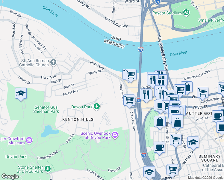 map of restaurants, bars, coffee shops, grocery stores, and more near 309 Wright Street in Covington
