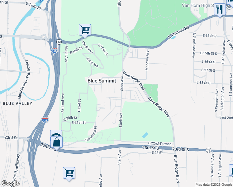 map of restaurants, bars, coffee shops, grocery stores, and more near 1870 Stark Avenue in Kansas City