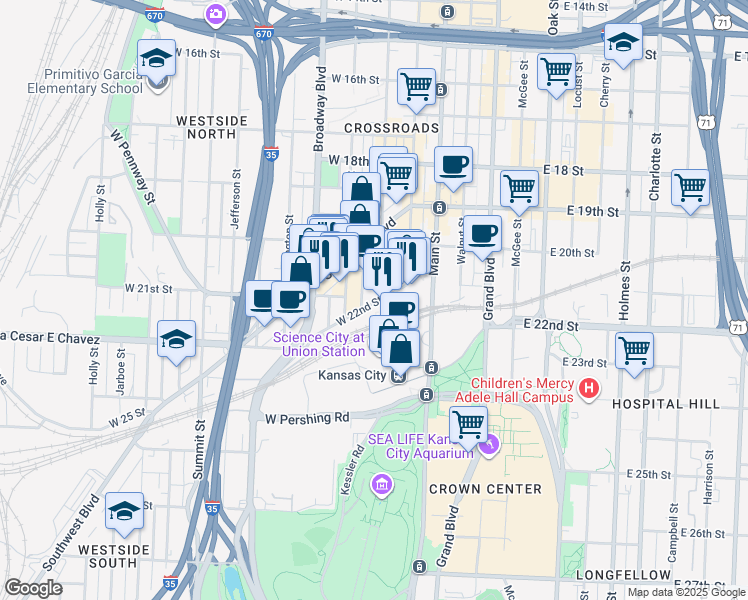 map of restaurants, bars, coffee shops, grocery stores, and more near 311 West 22nd Street in Kansas City