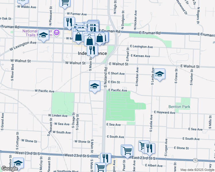 map of restaurants, bars, coffee shops, grocery stores, and more near 509 South Noland Road in Independence