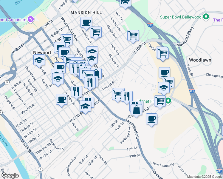 map of restaurants, bars, coffee shops, grocery stores, and more near 229 East 11th Street in Newport