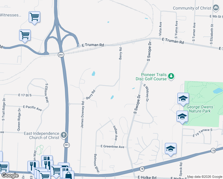 map of restaurants, bars, coffee shops, grocery stores, and more near 1703 Berry Road in Independence