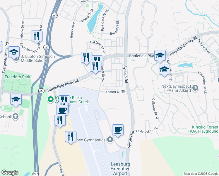 map of restaurants, bars, coffee shops, grocery stores, and more near 329 Pink Azalea Terrace Southeast in Leesburg
