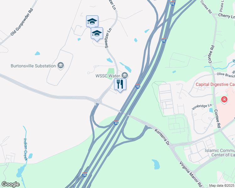 map of restaurants, bars, coffee shops, grocery stores, and more near 14401 Sweitzer Lane in Laurel