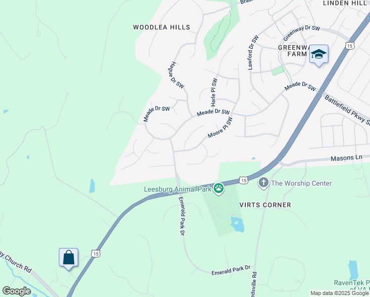 map of restaurants, bars, coffee shops, grocery stores, and more near 401 Lacey Ct SW in Leesburg