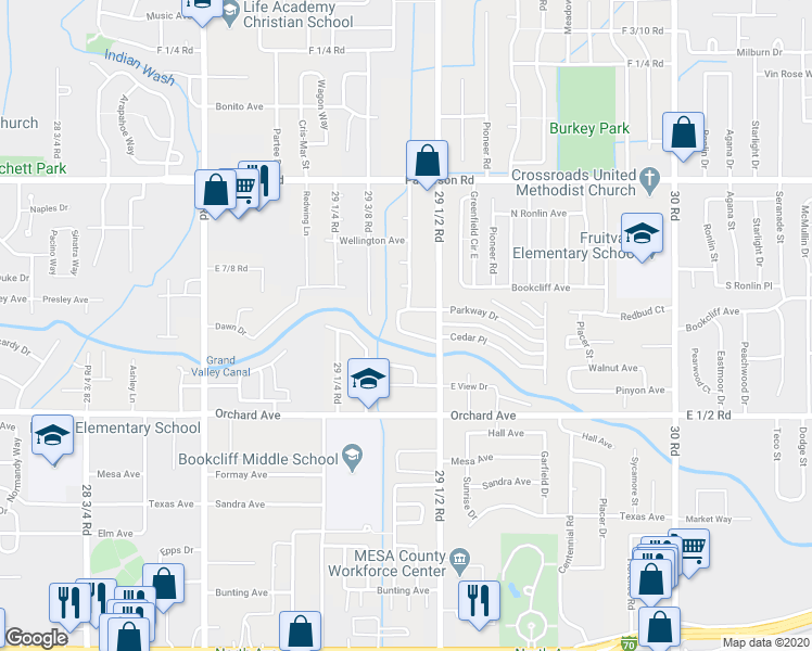 map of restaurants, bars, coffee shops, grocery stores, and more near 2942 Sunset Drive in Grand Junction