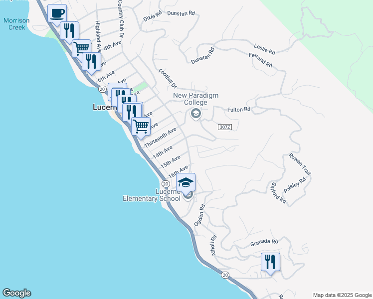 map of restaurants, bars, coffee shops, grocery stores, and more near 3630 Country Club Drive in Lucerne