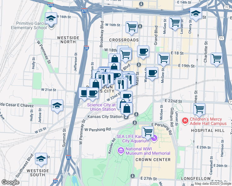 map of restaurants, bars, coffee shops, grocery stores, and more near 2120 Wyandotte Street in Kansas City