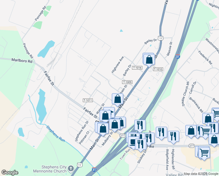 map of restaurants, bars, coffee shops, grocery stores, and more near 1030 Filbert Street in Stephens City