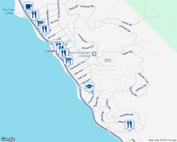 map of restaurants, bars, coffee shops, grocery stores, and more near 6484 15th Avenue in Lucerne