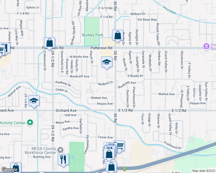 map of restaurants, bars, coffee shops, grocery stores, and more near 2995 1/2 Redbud Court in Grand Junction
