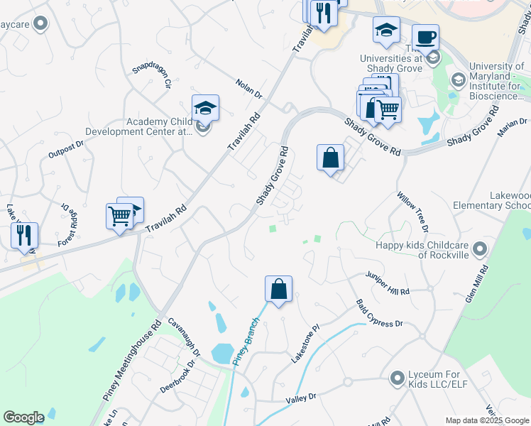 map of restaurants, bars, coffee shops, grocery stores, and more near 14102 Calabash Lane in Rockville