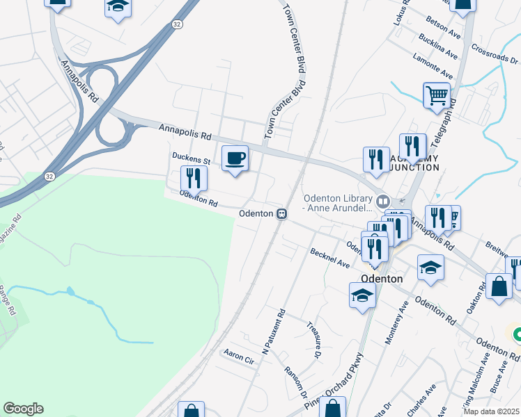 map of restaurants, bars, coffee shops, grocery stores, and more near 1412 Odenton Road in Odenton