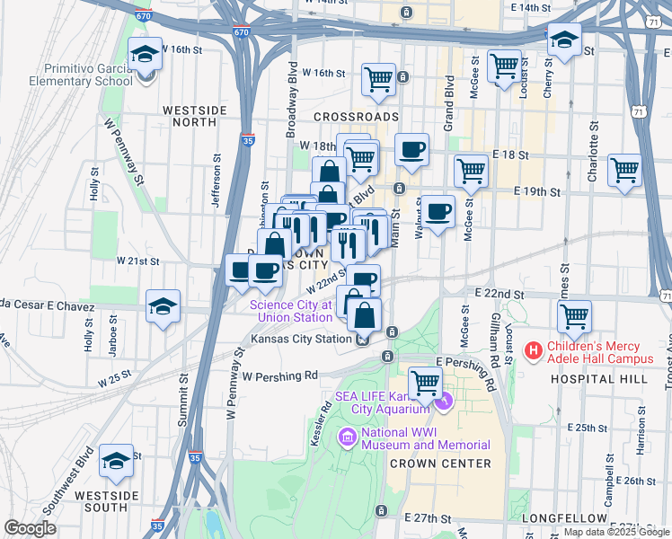 map of restaurants, bars, coffee shops, grocery stores, and more near 2120 Wyandotte Street in Kansas City