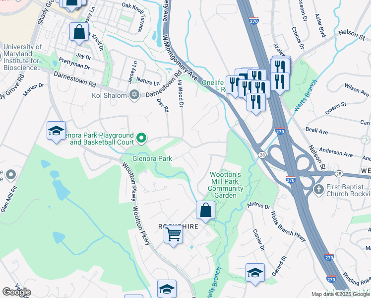 map of restaurants, bars, coffee shops, grocery stores, and more near 3 Guy Court in Rockville
