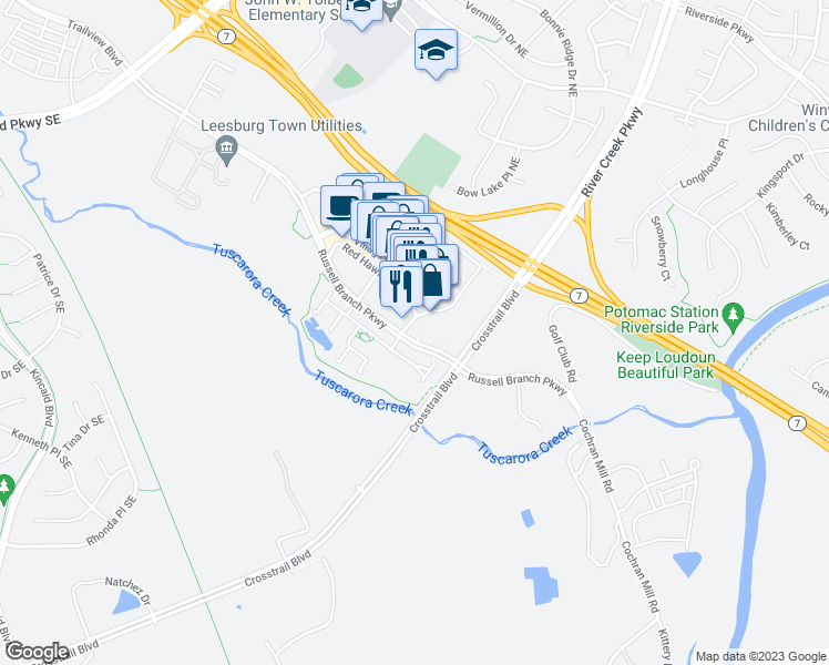 map of restaurants, bars, coffee shops, grocery stores, and more near 1616 Village Market Boulevard Southeast in Leesburg