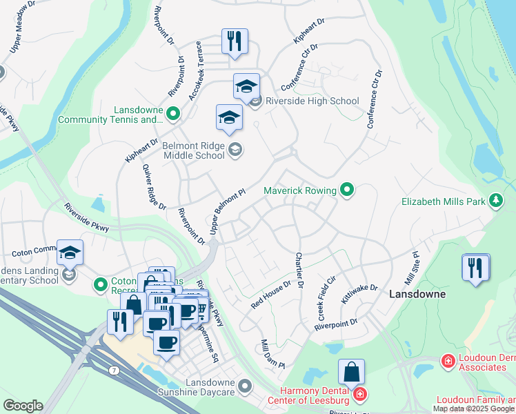 map of restaurants, bars, coffee shops, grocery stores, and more near 19110 Eagle Mine Terrace in Leesburg
