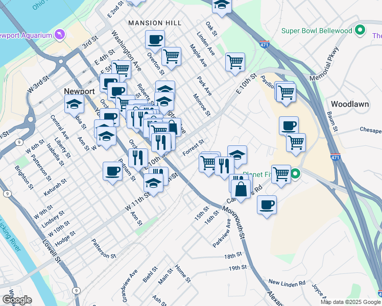 map of restaurants, bars, coffee shops, grocery stores, and more near 229 East 11th Street in Newport