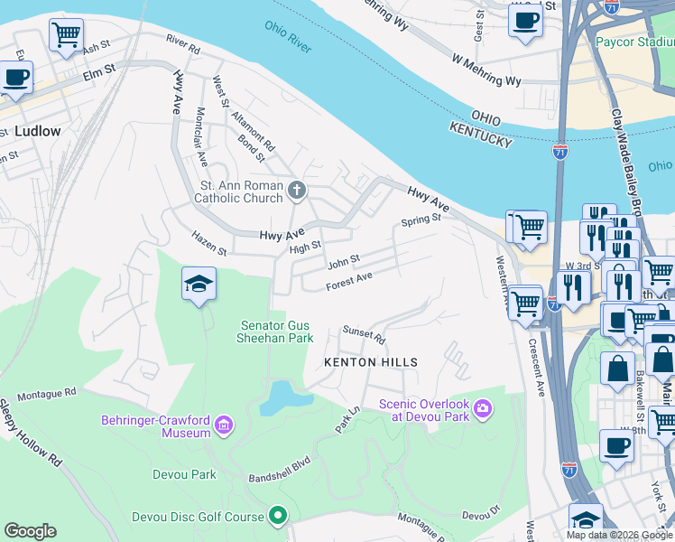 map of restaurants, bars, coffee shops, grocery stores, and more near 1103 Forest Avenue in Ludlow