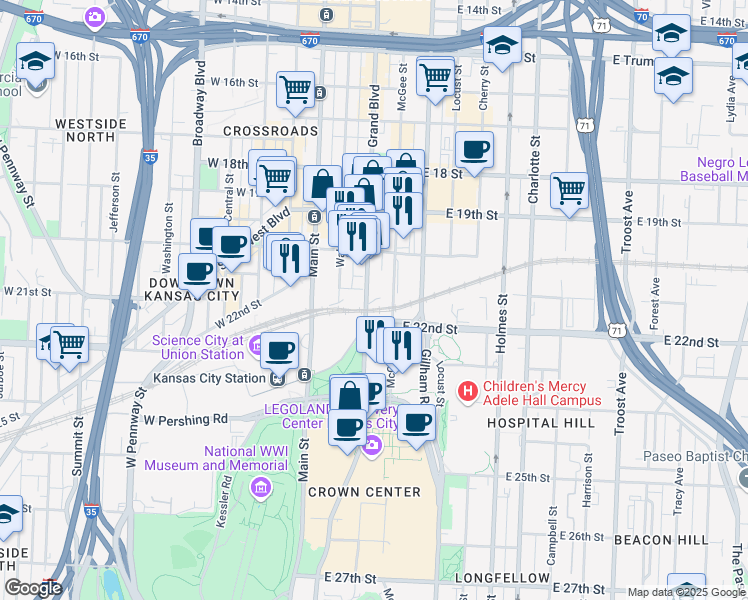 map of restaurants, bars, coffee shops, grocery stores, and more near 2107 Grand Boulevard in Kansas City