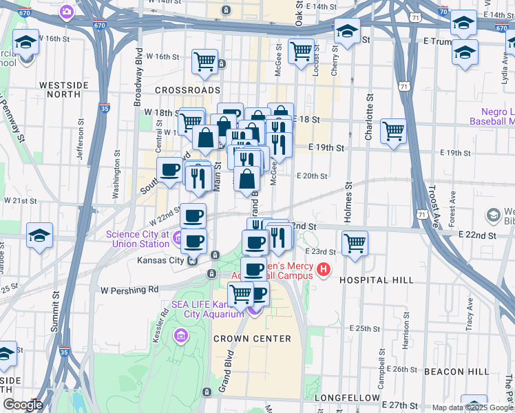 map of restaurants, bars, coffee shops, grocery stores, and more near 2107 Grand Boulevard in Kansas City