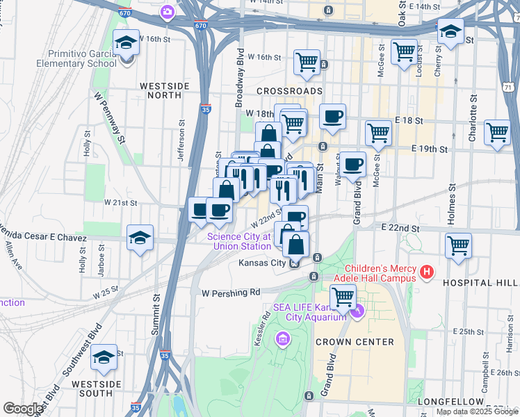 map of restaurants, bars, coffee shops, grocery stores, and more near 311 West 22nd Street in Kansas City