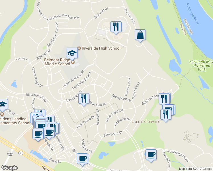 map of restaurants, bars, coffee shops, grocery stores, and more near 19098 Pileated Terrace in Leesburg