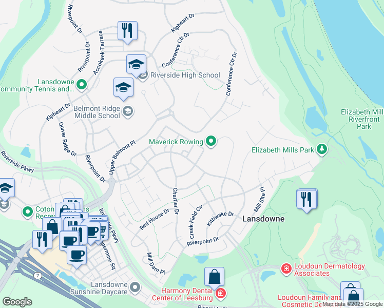 map of restaurants, bars, coffee shops, grocery stores, and more near 19098 Pileated Terrace in Leesburg