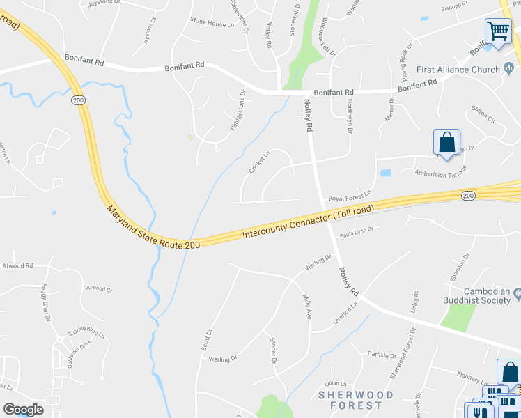 map of restaurants, bars, coffee shops, grocery stores, and more near 400 Old Stone Road in Silver Spring