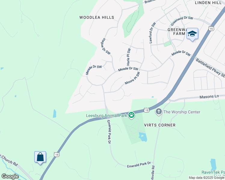map of restaurants, bars, coffee shops, grocery stores, and more near 401 Lacey Ct SW in Leesburg