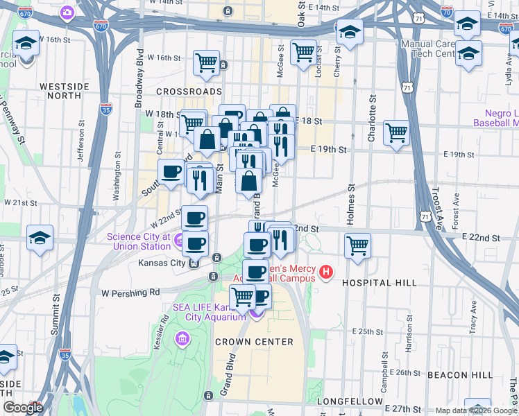 map of restaurants, bars, coffee shops, grocery stores, and more near 2107 Grand Boulevard in Kansas City